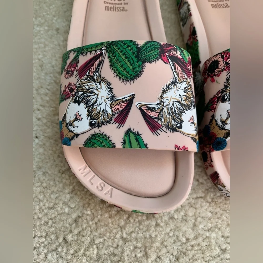 Mini Melissa Little Kid Size 12 Llama Print Slides Sandals